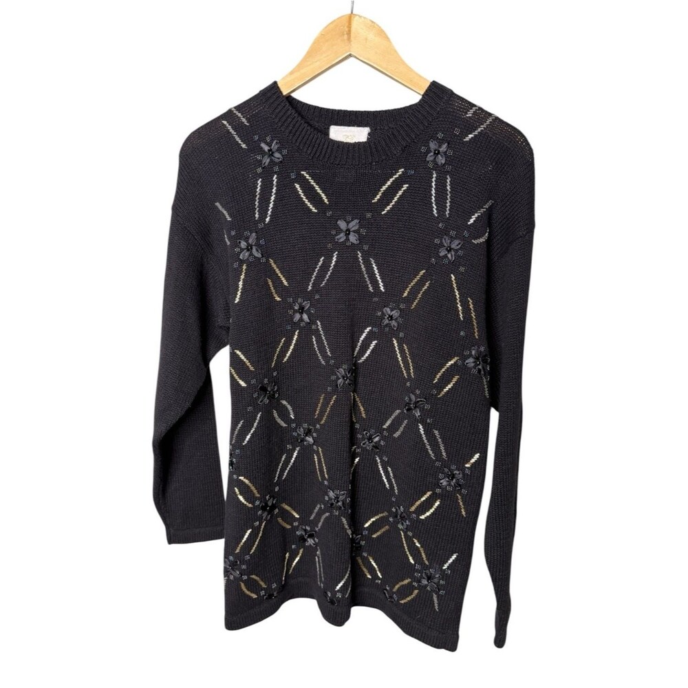 Bentley Black Size S Casual Vintage Beaded Sweater Floral